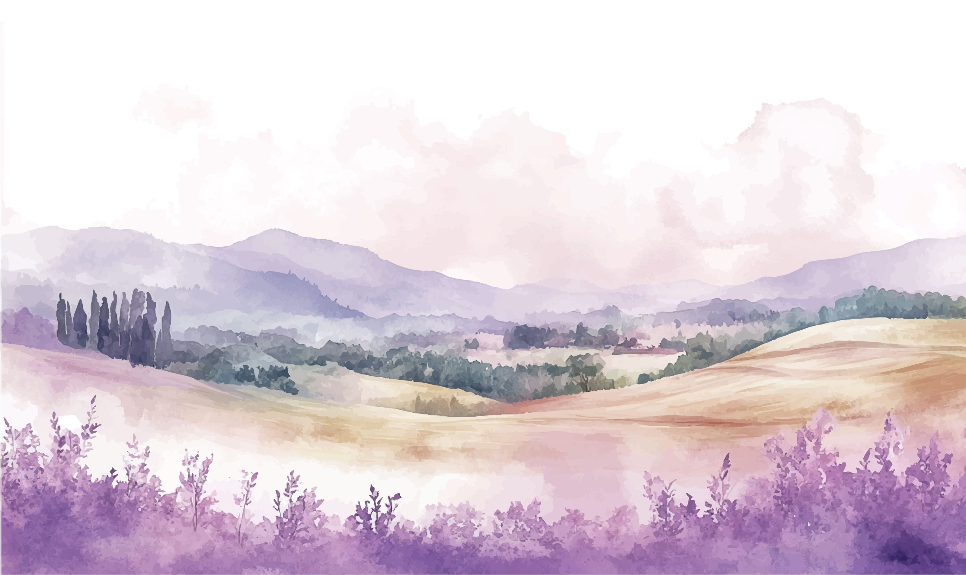 Watercolor landscape of lavender fields and violet mountains